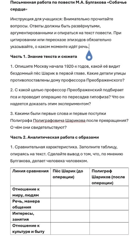 Письменная работа по повести М.А. Булгакова «Собачье сердце»