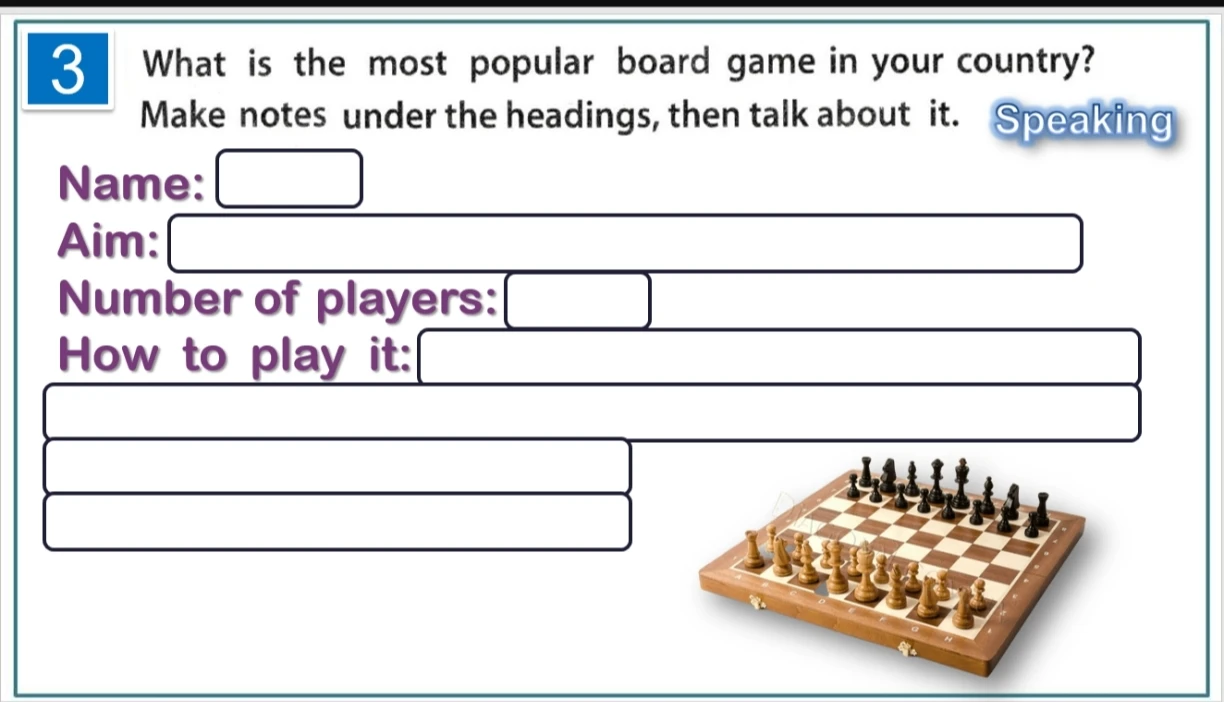 What is the most popular board game in your country? Make notes under the headings, then talk about it.