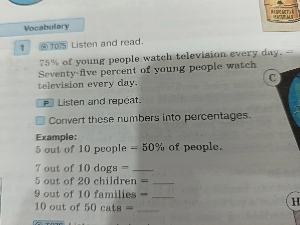 Convert these numbers into percentages: 7 out of 10 dogs, 5 out of 20 children, 9 out of 10 families, 10 out of 50 cats.