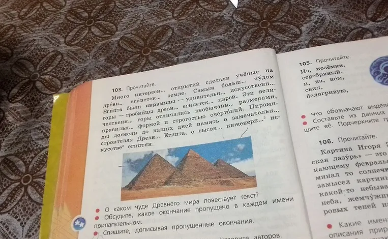 Спишите, дописывая пропущенные окончания в тексте про египетские пирамиды.