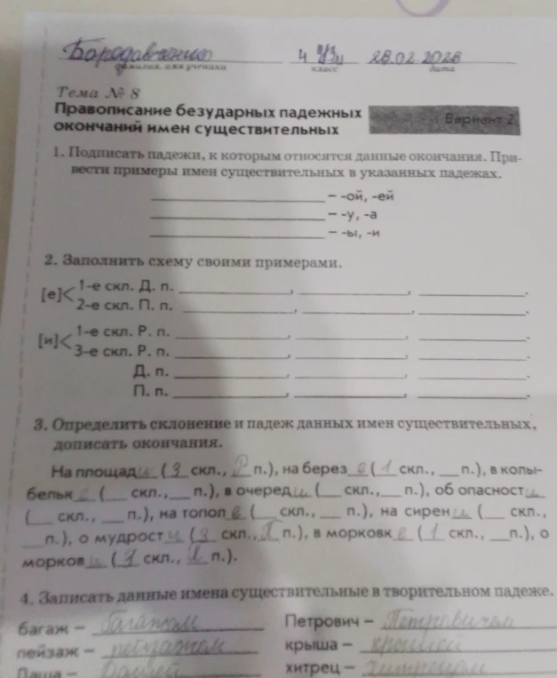 1. Подписать падежи, к которым относятся данные окончания. Привести примеры имен существительных в указанных падежах. 2. Заполнить схему своими примерами. 3. Определить склонение и падеж данных имен существительных, дописать окончания. 4. Записать данные имена существительные в творительном падеже.