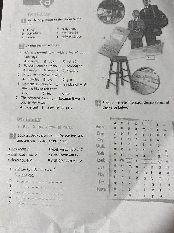 Выполните задания из разделов Vocabulary (лексика) и Grammar (Past Simple) на основе предоставленного списка слов, предложений и списка дел Бекки.
