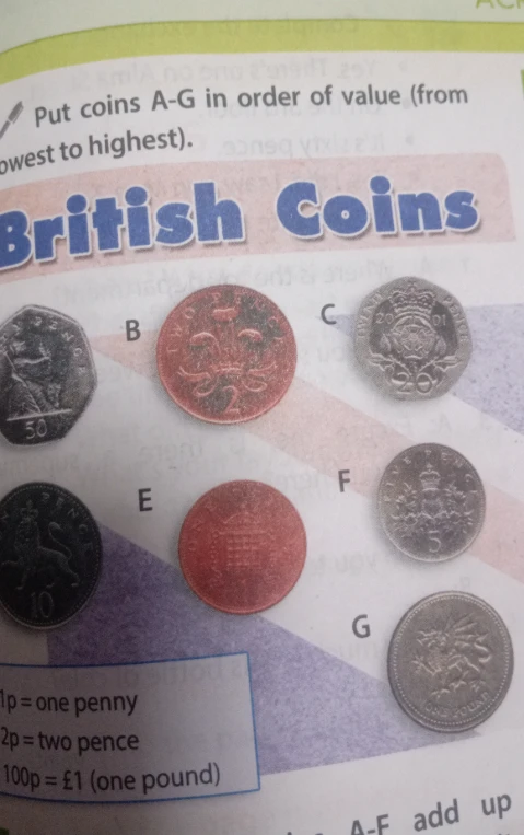 Put coins A-G in order of value (from lowest to highest).