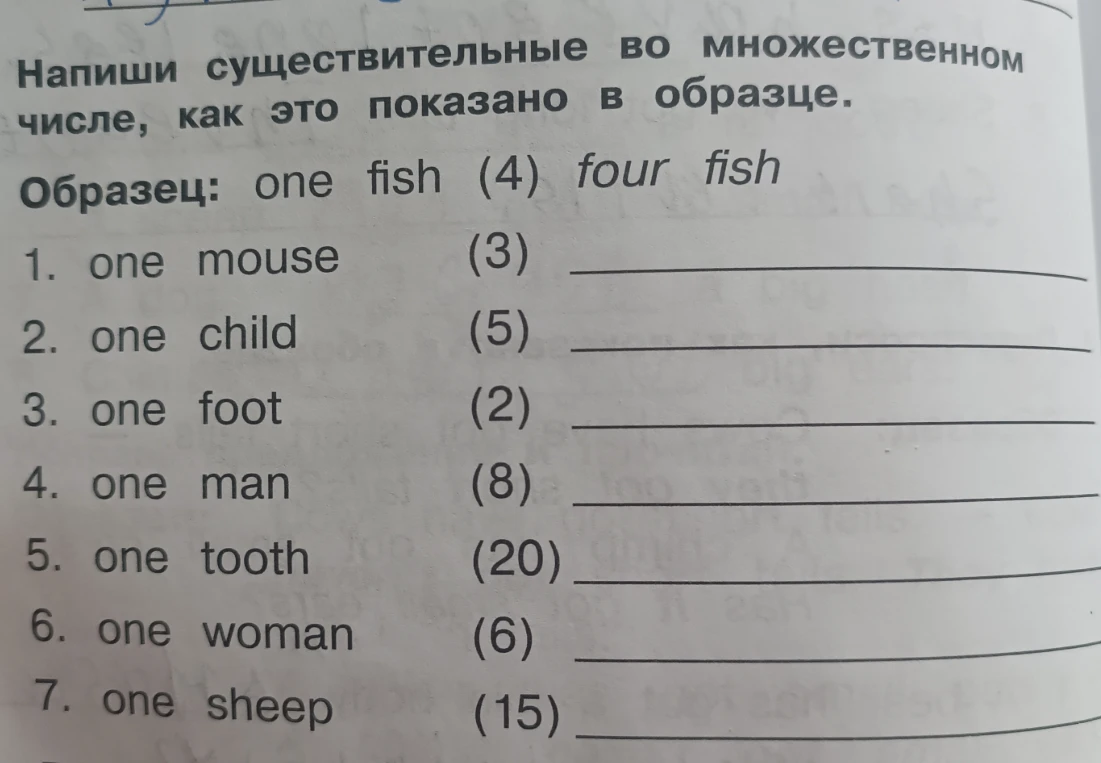 Напиши существительные во множественном числе, как это показано в образце.