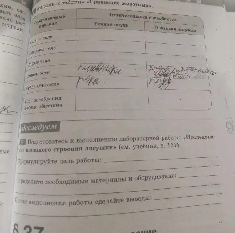 Заполните таблицу «Сравнение животных» (Речной окунь и Прудовая лягушка). Подготовьтесь к выполнению лабораторной работы «Исследование внешнего строения лягушки».