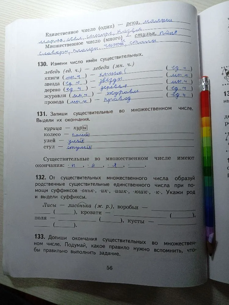Измени число имён существительных. Запиши существительные во множественном числе. От существительных множественного числа образуй родственные существительные единственного числа при помощи суффиксов.