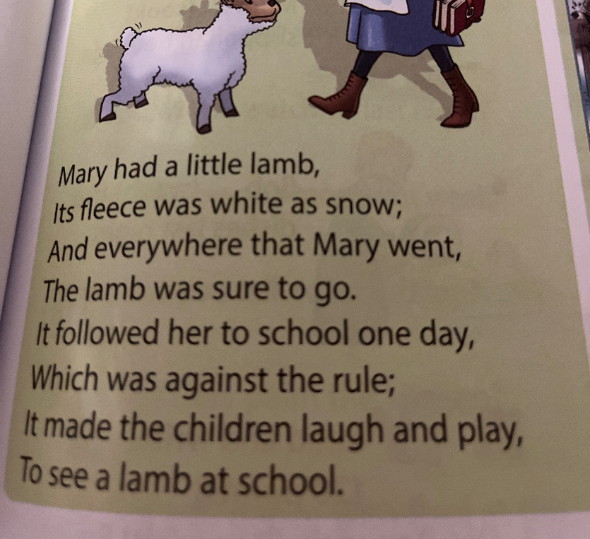 Mary had a little lamb, Its fleece was white as snow; And everywhere that Mary went, The lamb was sure to go.