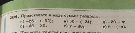Представьте в виде суммы разность: а) -28 - (-32); б) -46 - 30; в) 50 - (-24); г) x - 80; д) -30 - p; е) 6 - (-a).
