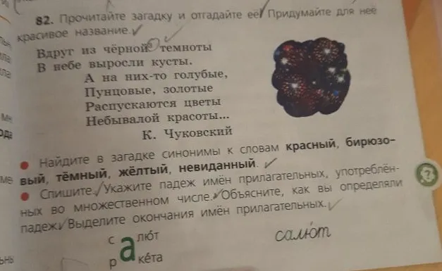 Прочитайте загадку и отгадайте её. Найдите в загадке синонимы к словам красный, бирюзовый, тёмный, жёлтый, невиданный. Спишите. Укажите падеж имён прилагательных, употреблённых во множественном числе.