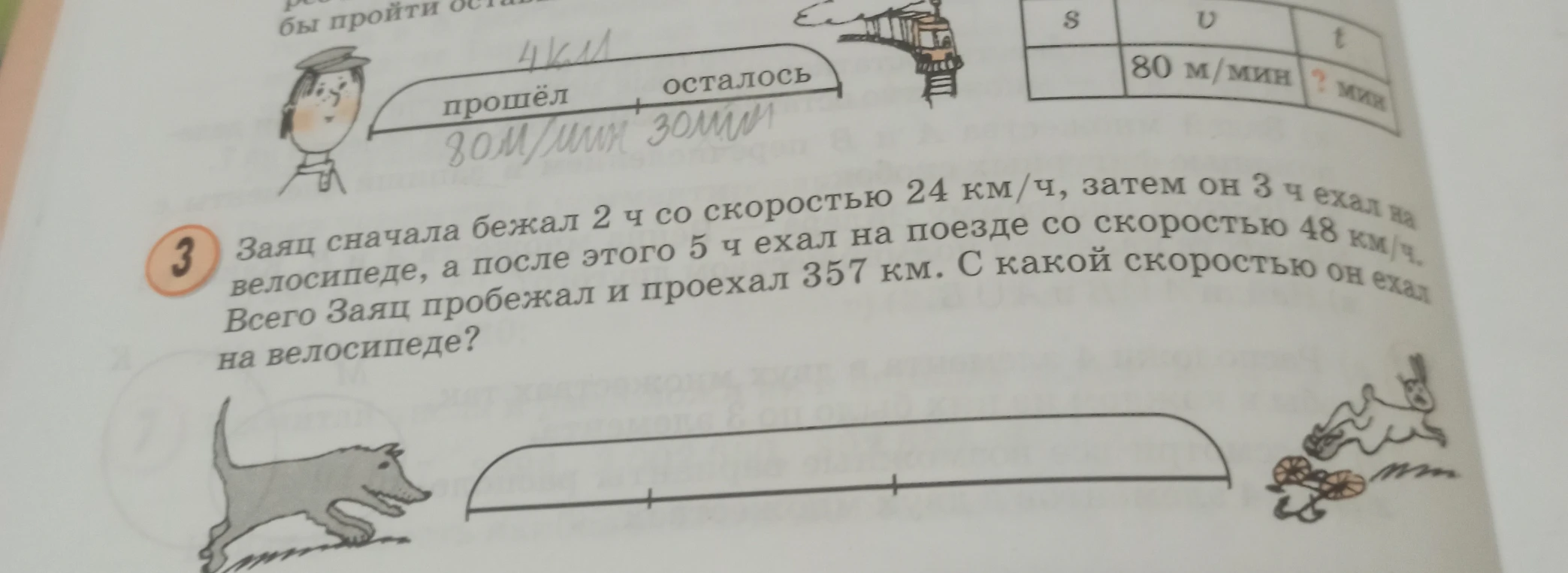Заяц сначала бежал 2 ч со скоростью 24 км/ч, затем он 3 ч ехал на велосипеде, а после этого 5 ч ехал на поезде со скоростью 48 км/ч. Всего Заяц пробежал и проехал 357 км. С какой скоростью он ехал на велосипеде?