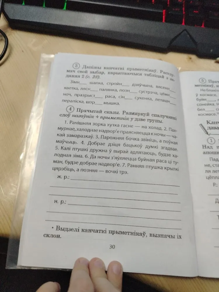 Прачытай сказы. Размуркуй спалучэнні слоў назоўнік + прыметнік у дзве групы: ж. р., н. р.