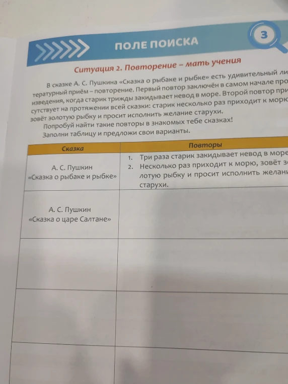 Попробуй найти такие повторы в знакомых тебе сказках! Заполни таблицу и предложи свои варианты для «Сказки о царе Салтане»