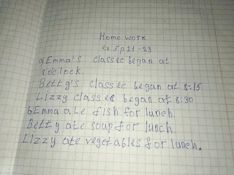 Home work ex. 5 p 21-23. Emma's classes began at 8 o'clock. Betty's classes began at 8:15. Lizzy classes began at 8:30. Emma ate fish for lunch. Betty ate soup for lunch. Lizzy ate vegetables for lunch.
