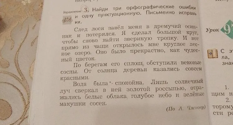 Найди три орфографические ошибки и одну пунктуационную. Письменно исправь их.