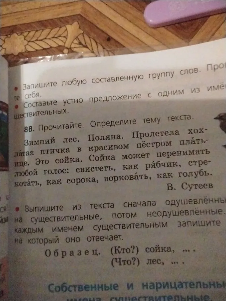 Прочитайте. Определите тему текста. Выпишите из текста сначала одушевлённые имена существительные, потом неодушевлённые.