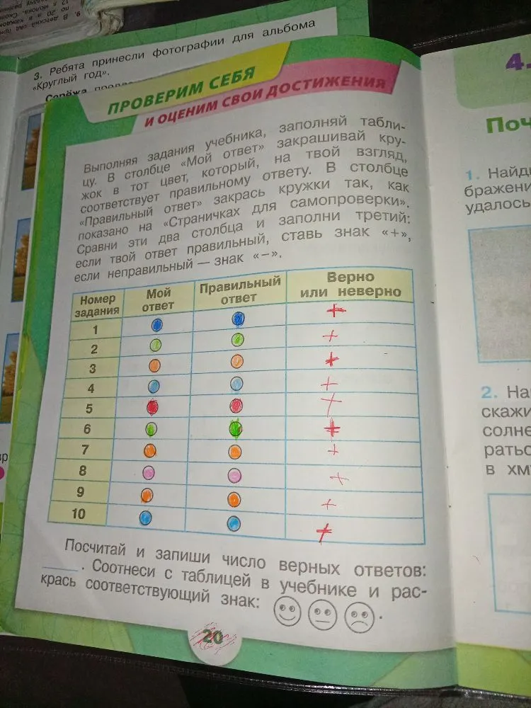 Посчитай и запиши число верных ответов. Соотнеси с таблицей в учебнике и раскрась соответствующий знак.