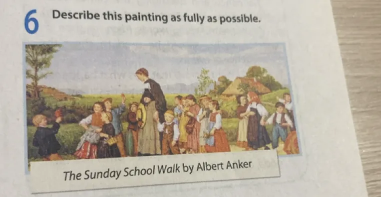 Describe this painting as fully as possible. The Sunday School Walk by Albert Anker