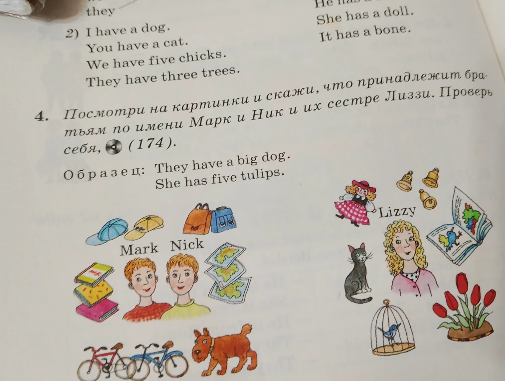Посмотри на картинки и скажи, что принадлежит братьям по имени Марк и Ник и их сестре Лиззи.