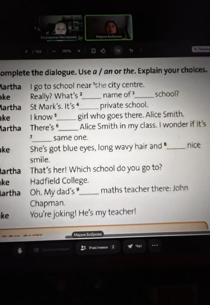 Complete the dialogue. Use a / an or the. Explain your choices.