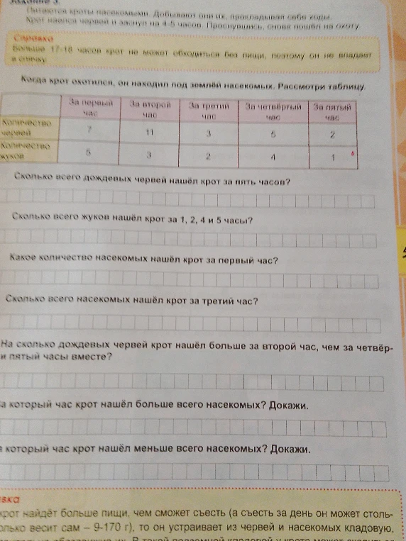 Сколько всего дождевых червей нашёл крот за пять часов?