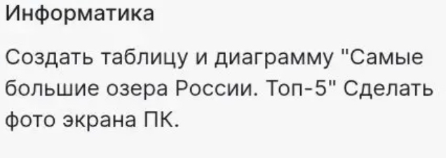 Создать таблицу и диаграмму "Самые большие озера России. Топ-5"