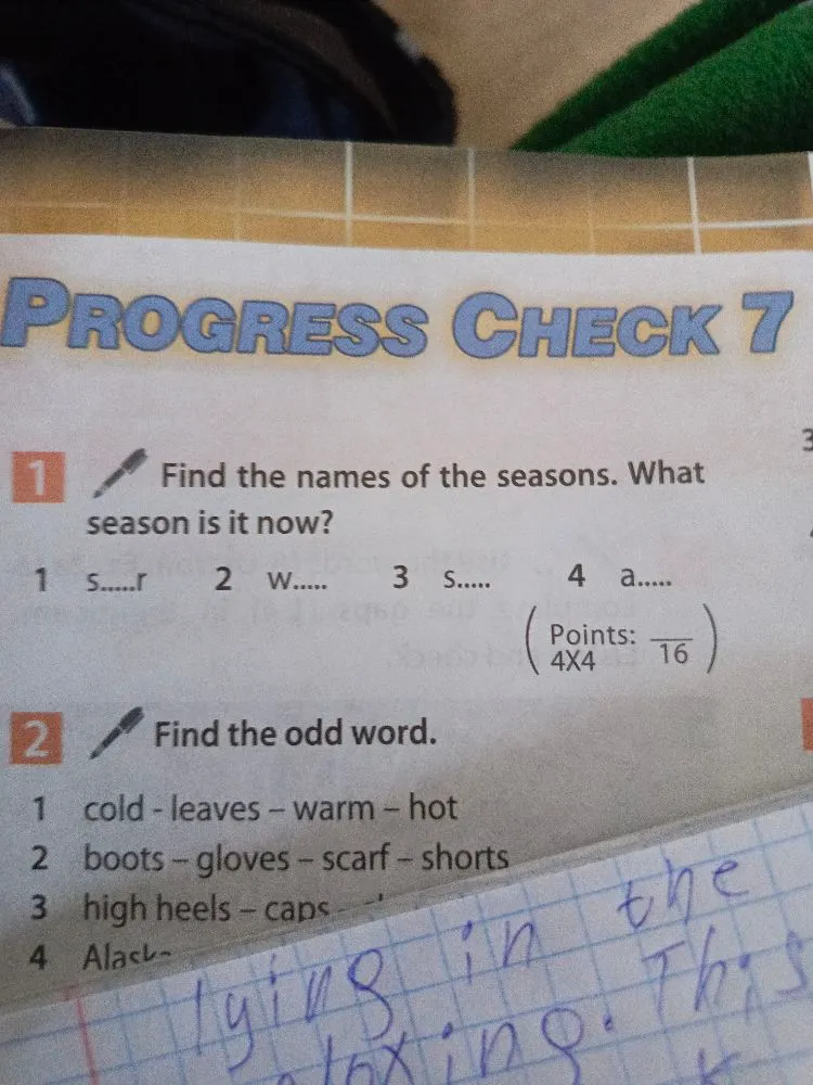 Find the names of the seasons. What season is it now? Find the odd word.