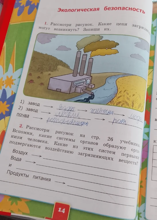 Рассмотри рисунок. Какие цепи загрязнения могут возникнуть? Запиши их.