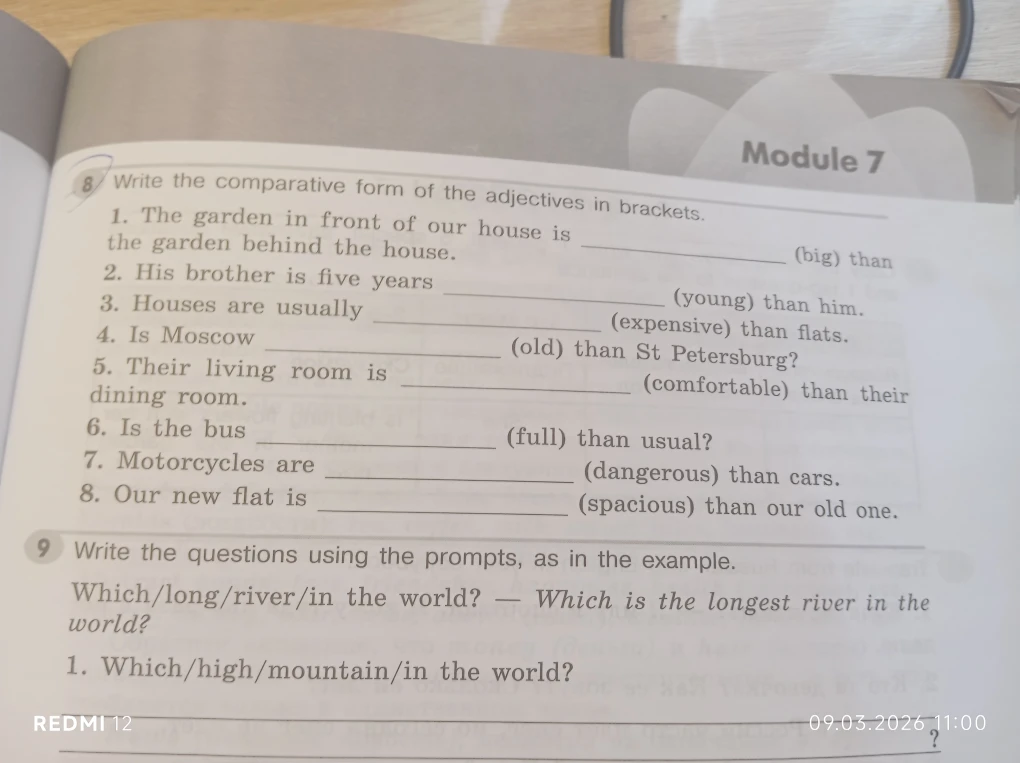 Write the comparative form of the adjectives in brackets; Write the questions using the prompts, as in the example.
