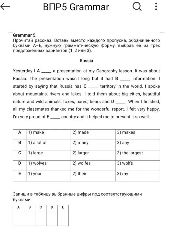 Вставь вместо каждого пропуска, обозначенного буквами А–Е, нужную грамматическую форму, выбрав её из трёх предложенных вариантов (1, 2 или 3).