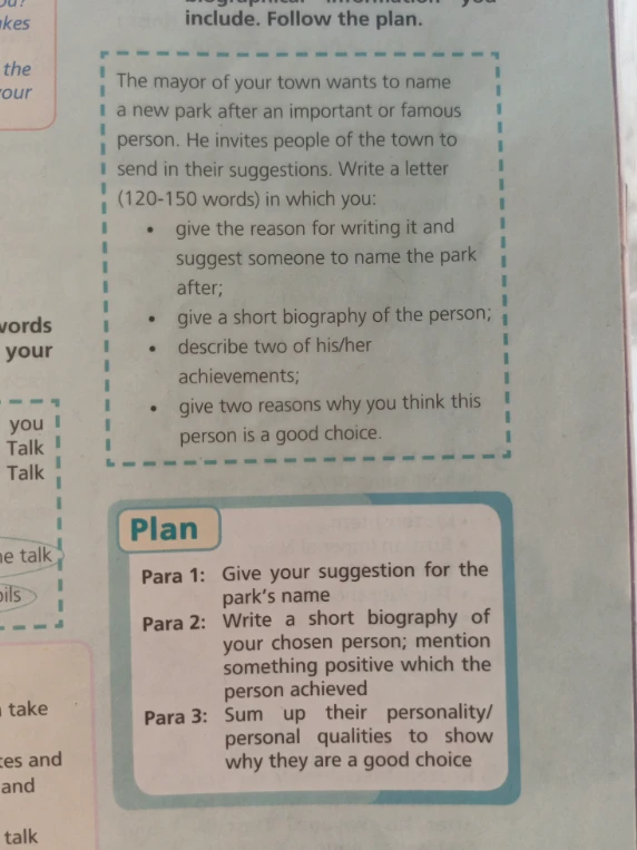 Write a letter (120-150 words) to the mayor suggesting a name for a new park after an important or famous person.