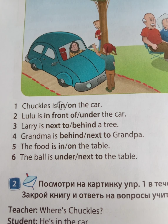 Выберите правильный предлог в соответствии с картинкой: Chuckles is in/on the car, Lulu is in front of/under the car, Larry is next to/behind a tree, Grandma is behind/next to Grandpa, The food is in/on the table, The ball is under/next to the table.