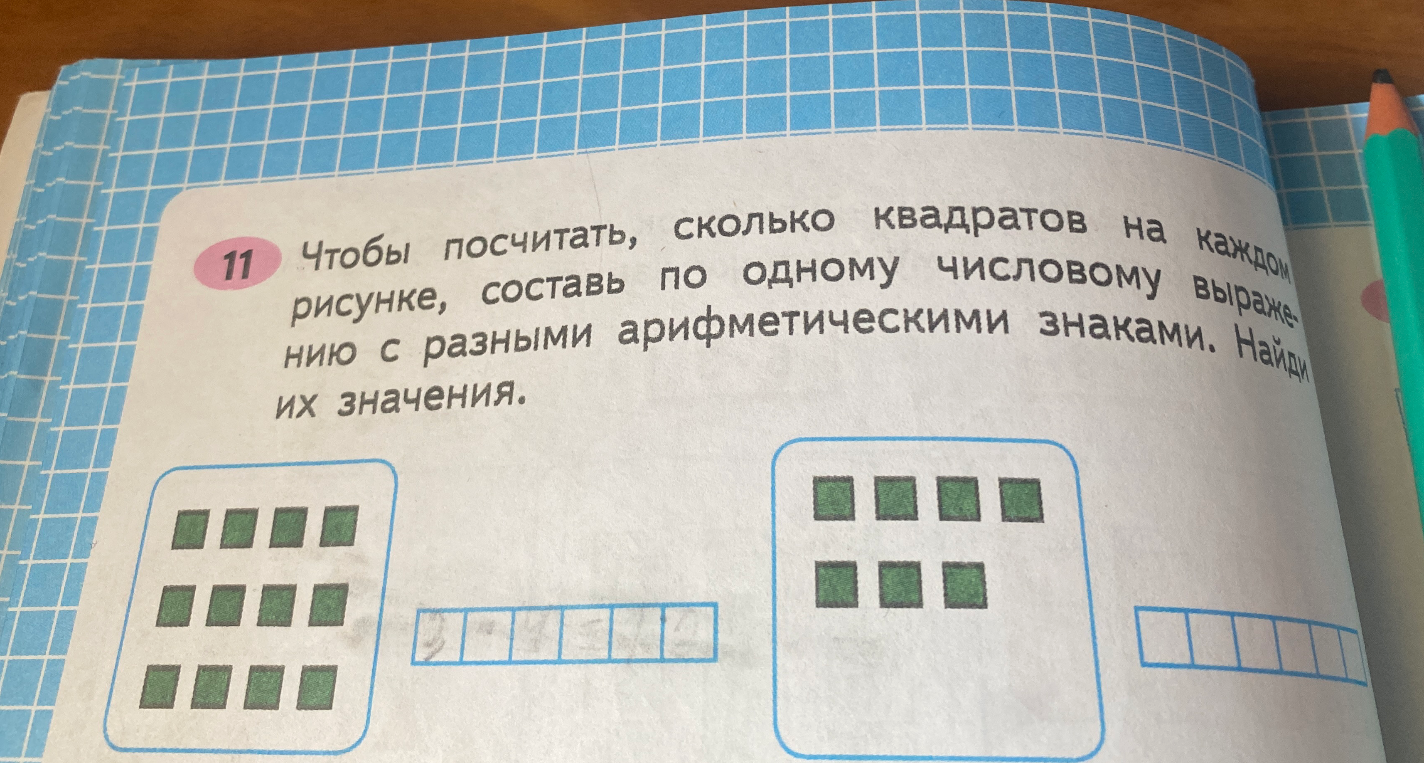 Чтобы посчитать, сколько квадратов на каждом рисунке, составь по одному числовому выражению с разными арифметическими знаками. Найди их значения.