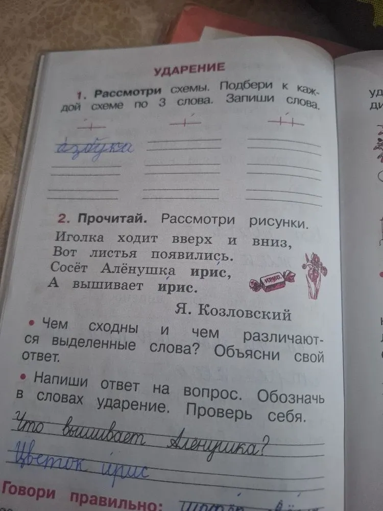 1. Рассмотри схемы. Подбери к каждой схеме по 3 слова. Запиши слова. 2. Прочитай. Рассмотри рисунки. Чем сходны и чем различаются выделенные слова? Напиши ответ на вопрос: Что вышивает Алёнушка?