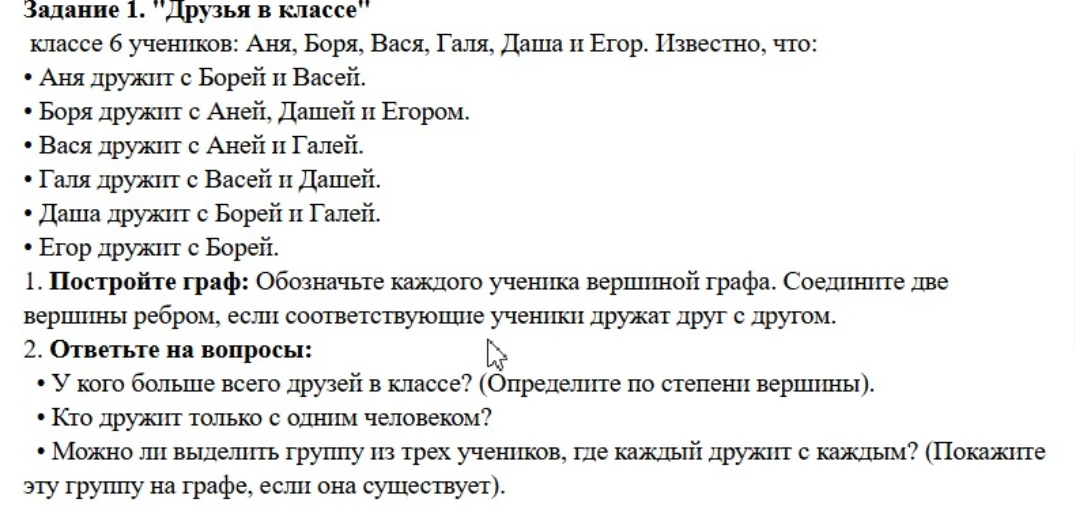 Задание 1. 'Друзья в классе'. В классе 6 учеников: Аня, Боря, Вася, Галя, Даша и Егор. Постройте граф и ответьте на вопросы.