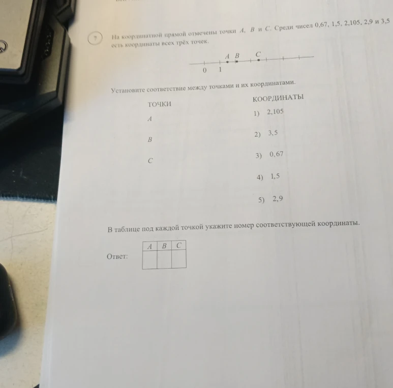 На координатной прямой отмечены точки A, B и C. Среди чисел 0,67, 1,5, 2,105, 2,9 и 3,5 есть координаты всех трёх точек. Установите соответствие между точками и их координатами.