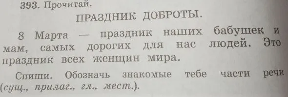 Спиши. Обозначь знакомые тебе части речи (сущ., прилаг., гл., мест.). 8 Марта — праздник наших бабушек и мам, самых дорогих для нас людей. Это праздник всех женщин мира.