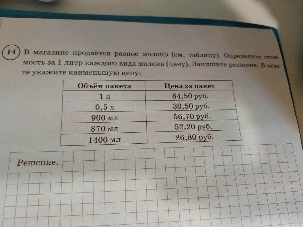 В магазине продаётся разное молоко (см. таблицу). Определите стоимость за 1 литр каждого вида молока (цену). Запишите решение. В ответе укажите наименьшую цену.