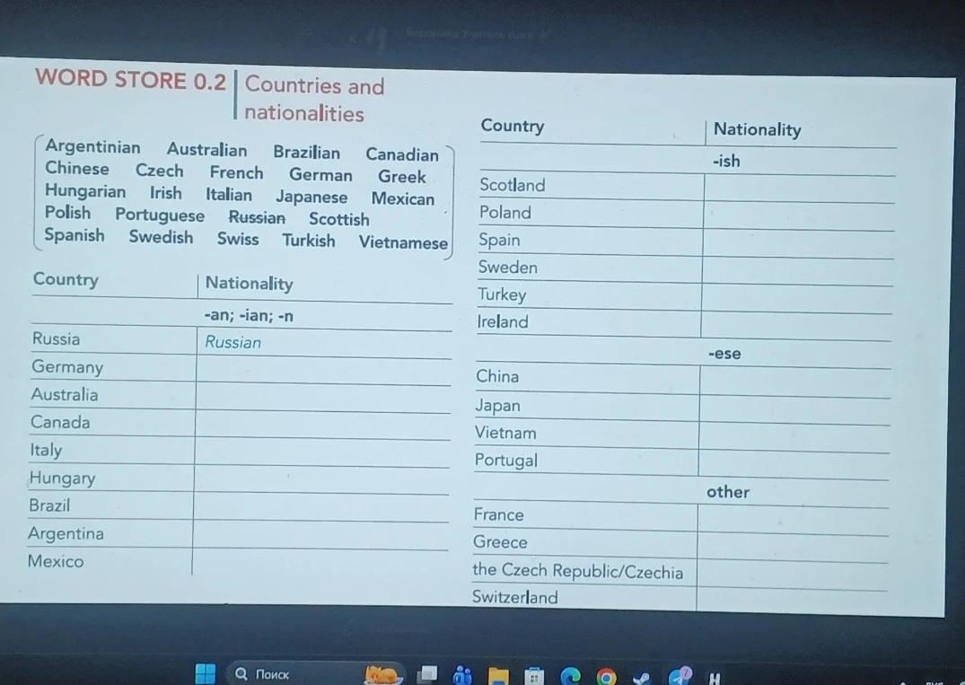 Распределите страны и национальности по группам в зависимости от их суффиксов: -an/-ian/-n, -ish, -ese и другие формы.