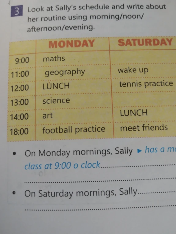 Look at Sally's schedule and write about her routine using morning/noon/afternoon/evening.