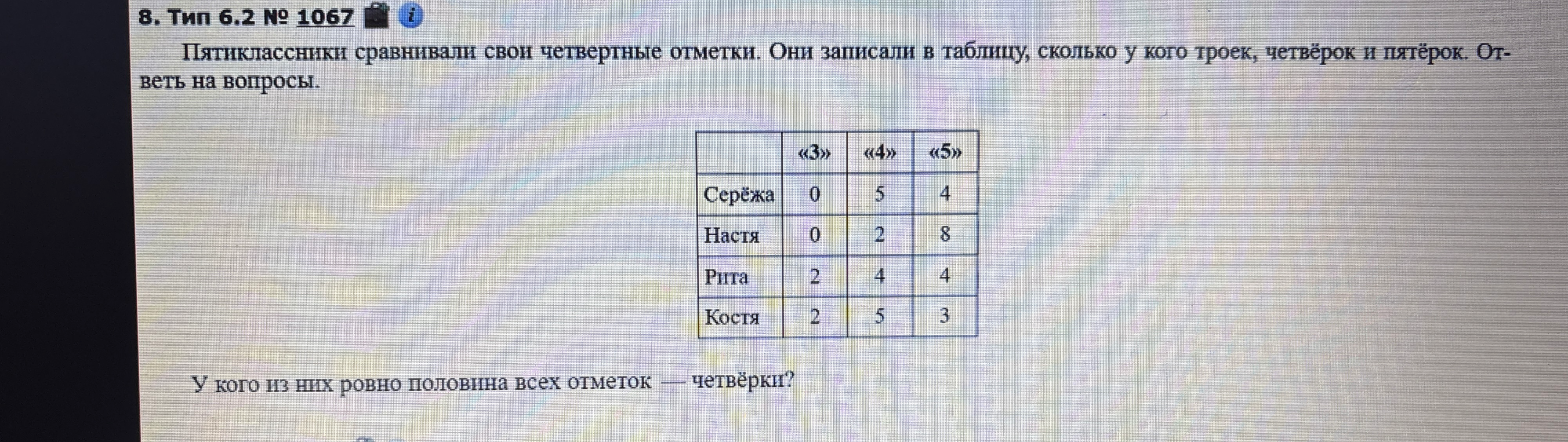 У кого из них ровно половина всех отметок — четвёрки?
