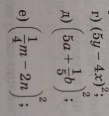 Возведите в квадрат выражения: г) (5y - 4x)², д) (5a + 1/5b)², е) (1/4m - 2n)²
