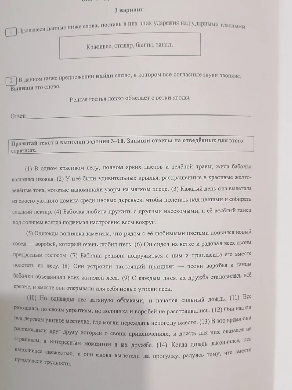 Произнеси данные ниже слова, поставь в них знак ударения над ударными гласными. Красивее, столяр, банты, занял. В данном ниже предложении найди слово, в котором все согласные звуки звонкие.