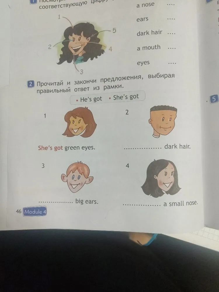 Прочитай и закончи предложения, выбирая правильный ответ из рамки: He’s got, She’s got.
