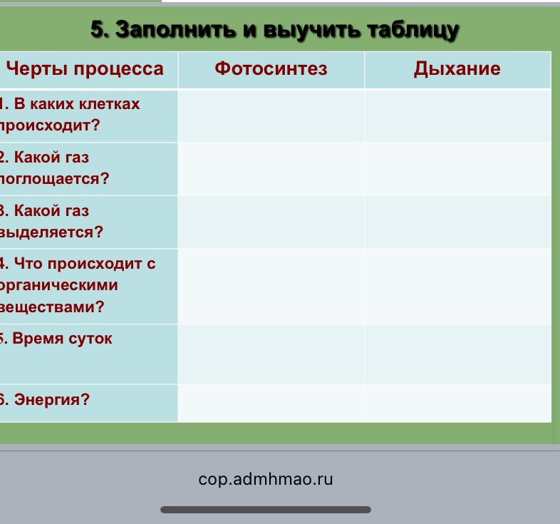 Заполнить и выучить таблицу сравнения фотосинтеза и дыхания
