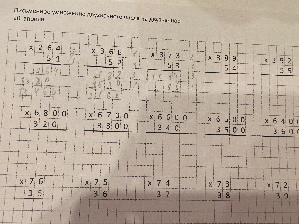 Письменное умножение двузначного числа на двузначное