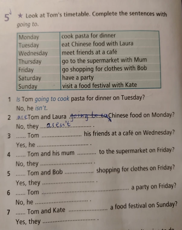 Look at Tom's timetable. Complete the sentences with going to.