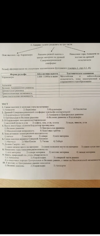 Решите тест по теме 'Рельеф и полезные ископаемые Северной Америки'.