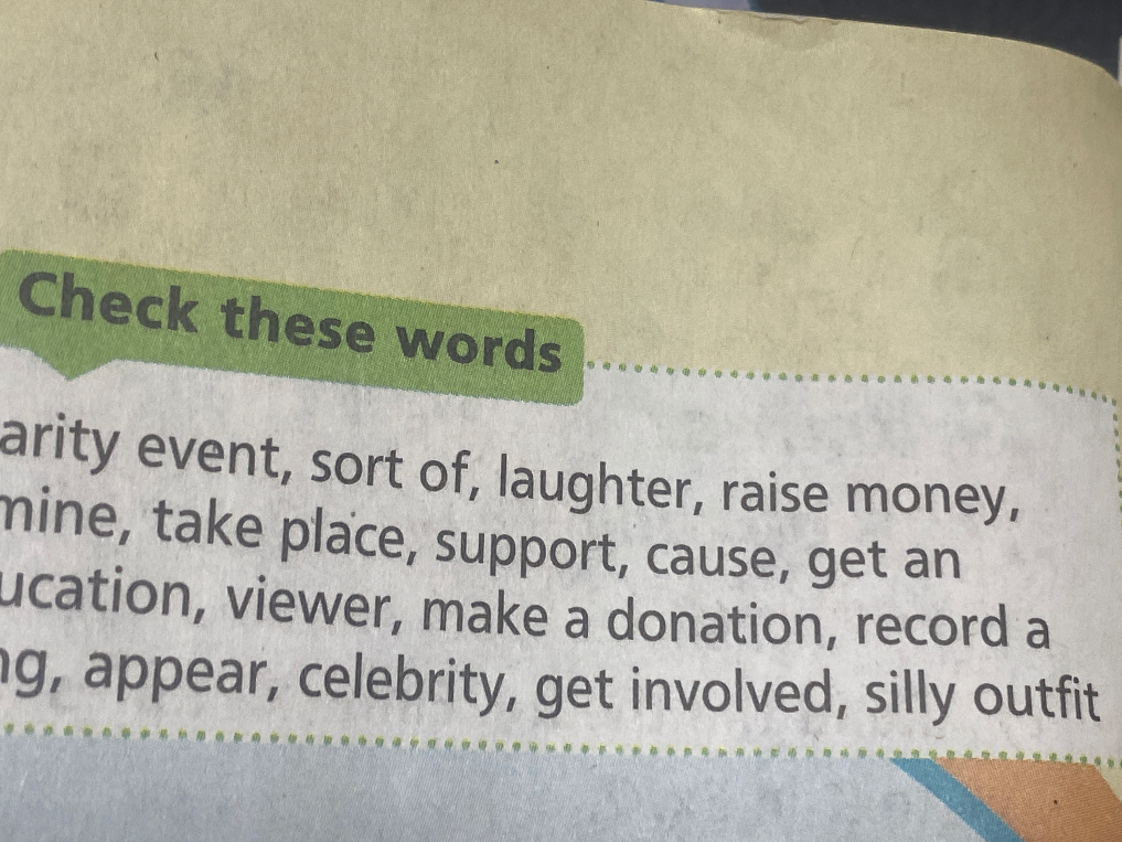 Check these words: charity event, sort of, laughter, raise money, mine, take place, support, cause, get an education, viewer, make a donation, record a, appear, celebrity, get involved, silly outfit