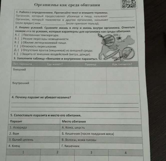 Организмы как среда обитания. Выполните задания 1-5: впишите термины, отметьте характерные условия, заполните таблицу о паразитах, ответьте на вопрос и сопоставьте паразита с местом обитания.