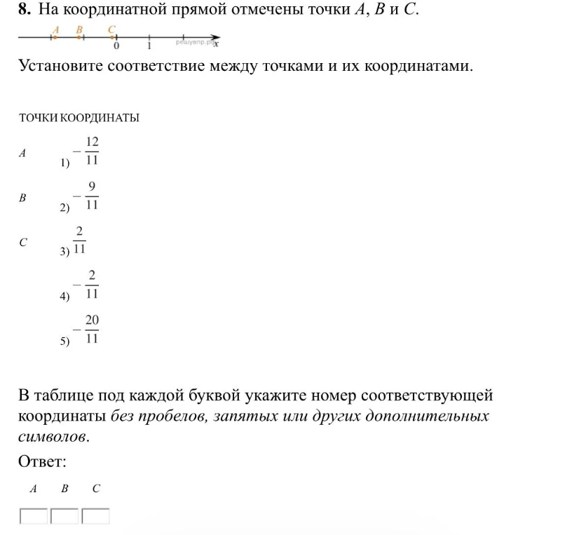 На координатной прямой отмечены точки A, B и C. Установите соответствие между точками и их координатами.